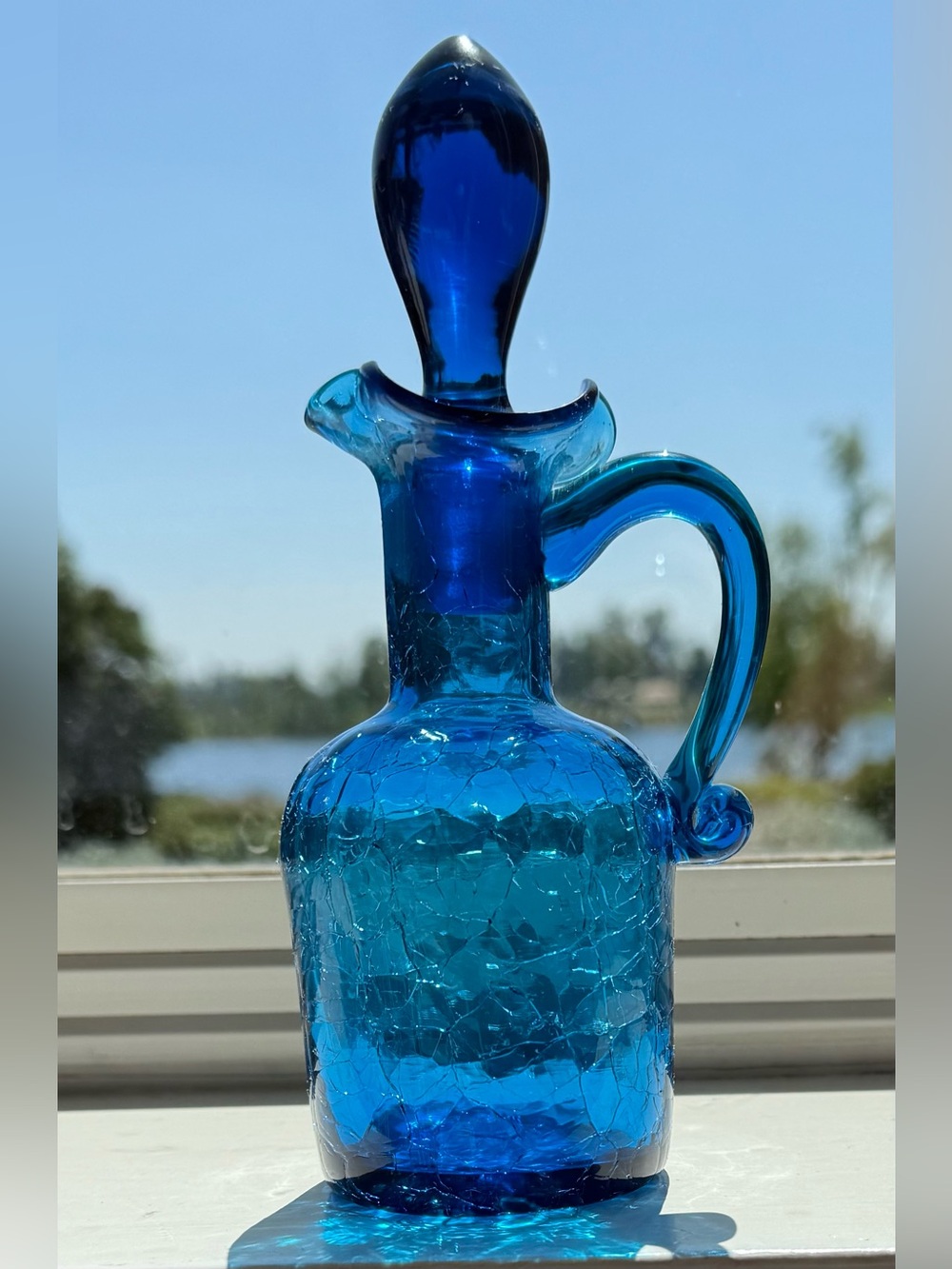 Vintage Blue Crackle Rainbow Glass Bottle Cruet MCM Art Glass w/ Stopper